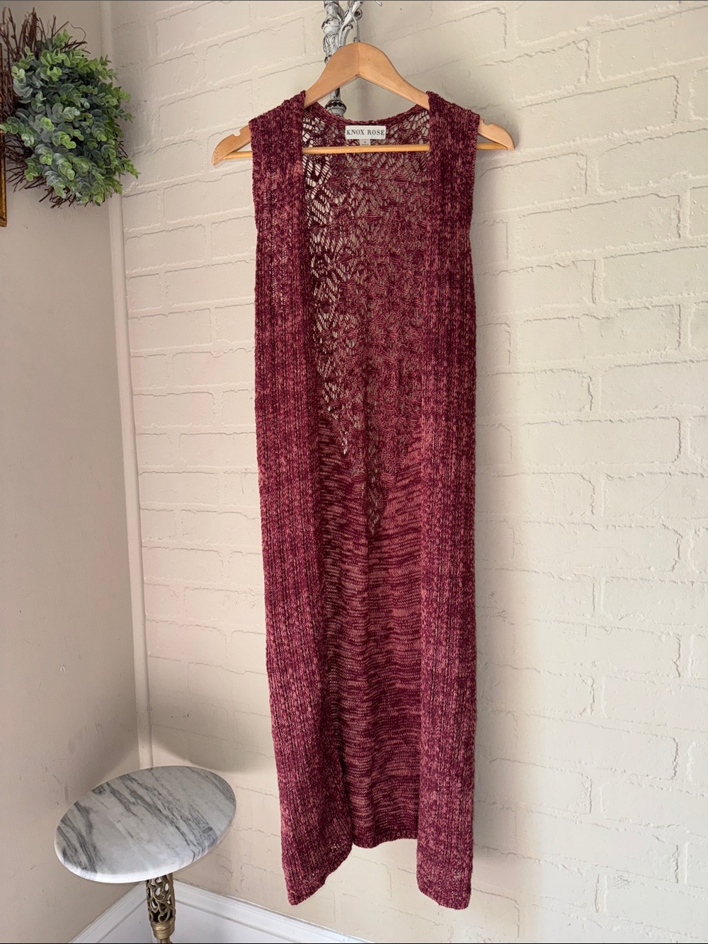 Knox Rose cardigan Long Open Knit Sleeveless Vest Burgundy sweater boho small